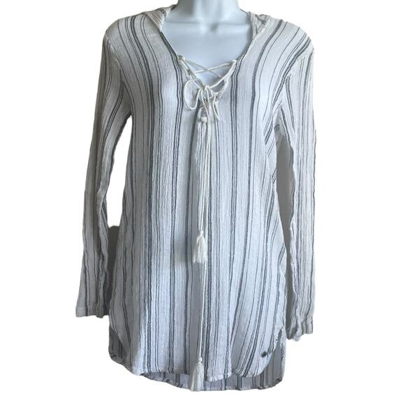 Billabong Women Hoodie Top M Blue White Washed Out Striped Beachy Coastal Hippie - Picture 1 of 10
